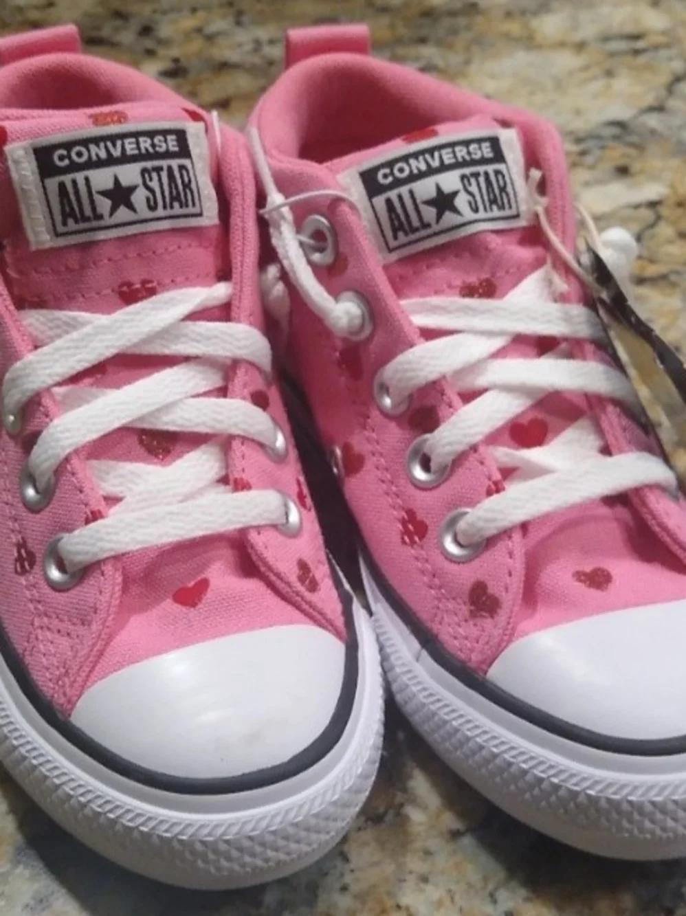 New Converse Toddler Girls' Pink Canvas Sneakers with Red Heart Accents Size 12.